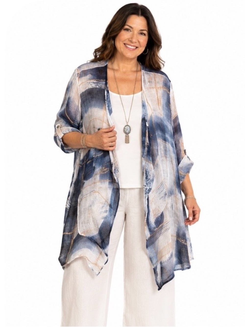 NIC+ZOE 100% Linen Abstract Print Open Front Cardigan Jacket 1X Lagenlook boho